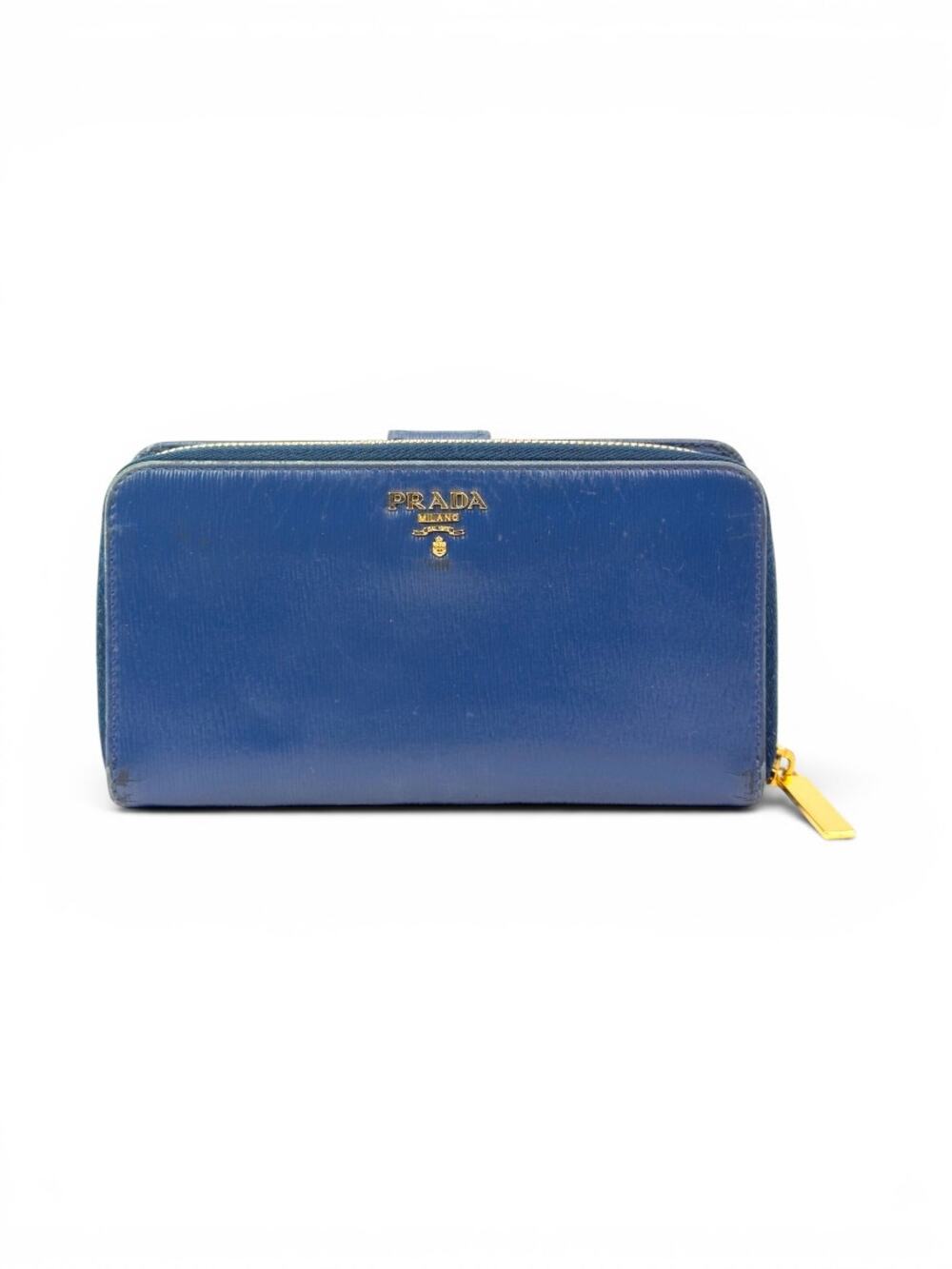 Prada Vitello Move Blue Leather Full Zip Organizer Wallet Gold Hardware